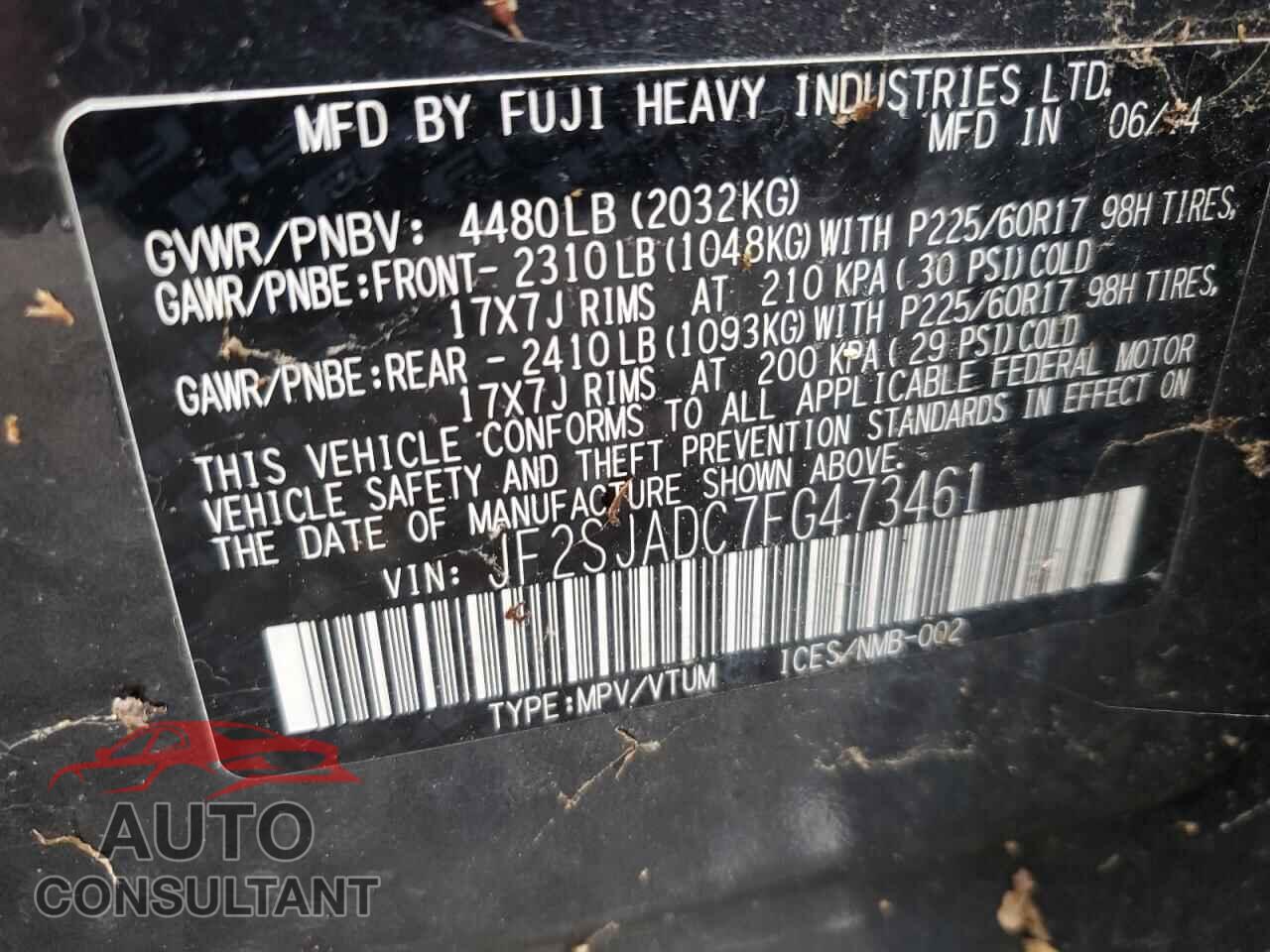 SUBARU FORESTER 2015 - JF2SJADC7FG473461