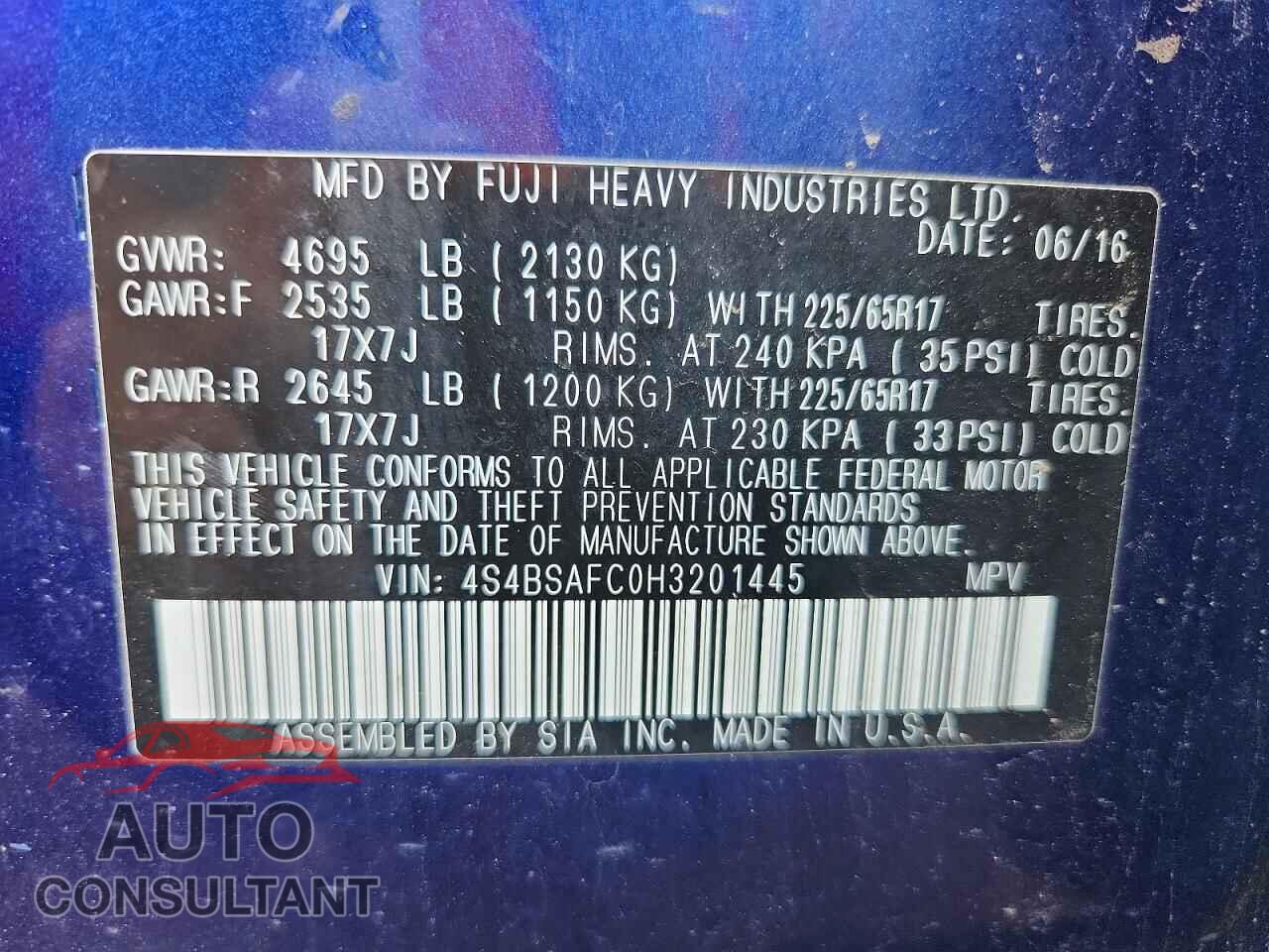 SUBARU OUTBACK 2017 - 4S4BSAFC0H3201445