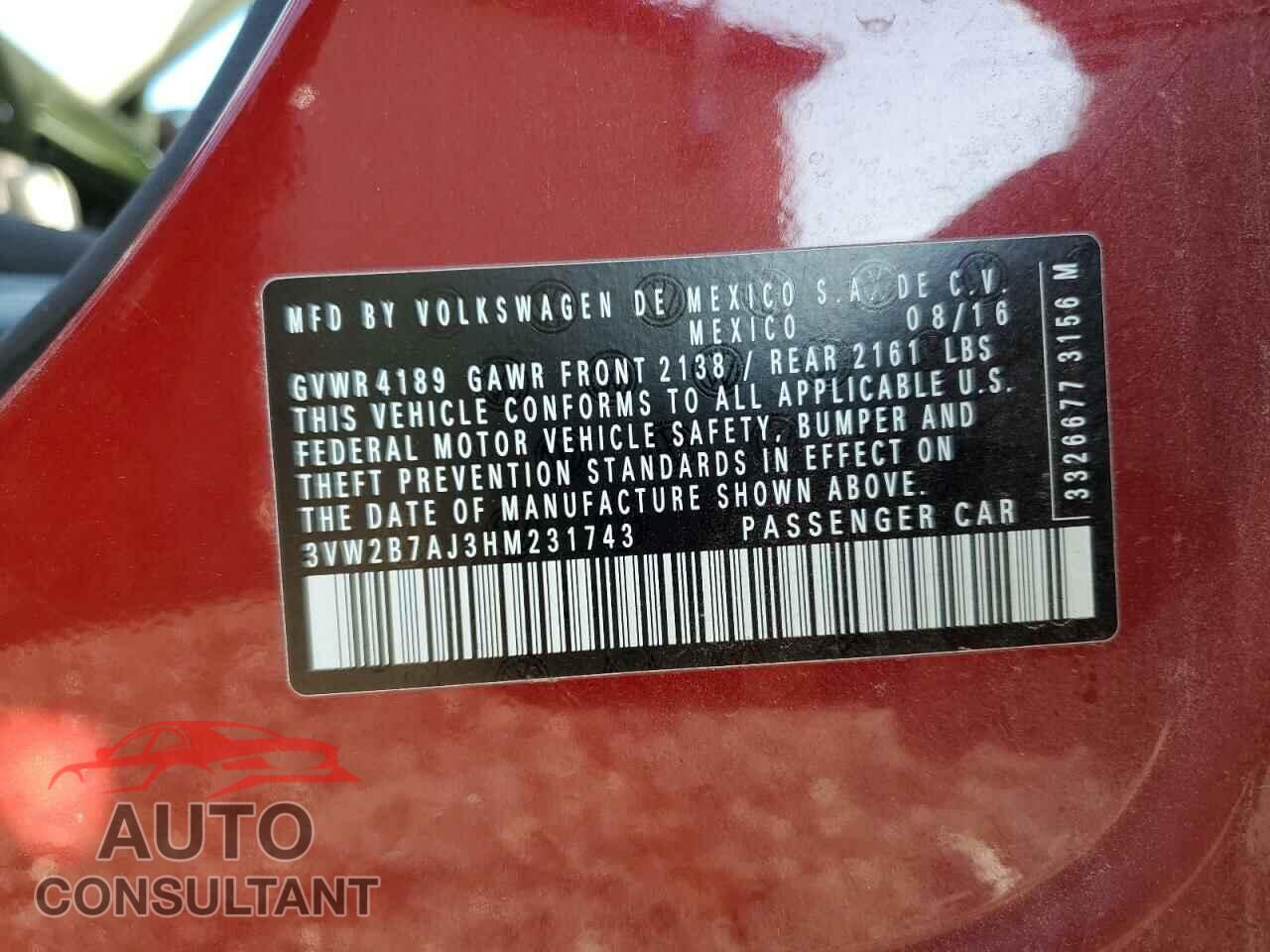 VOLKSWAGEN JETTA 2017 - 3VW2B7AJ3HM231743
