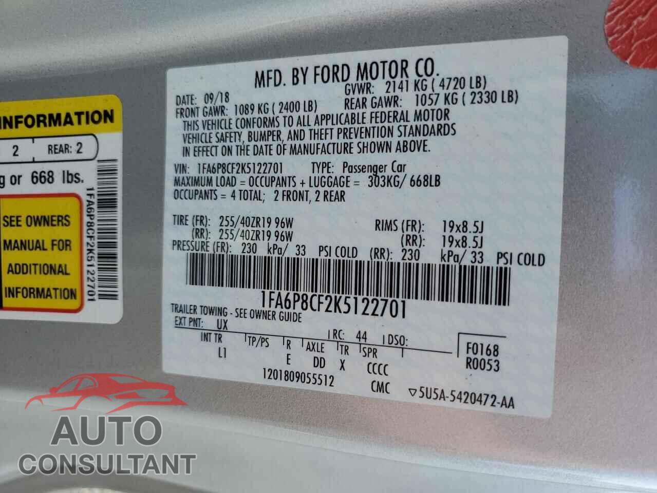 FORD MUSTANG 2019 - 1FA6P8CF2K5122701