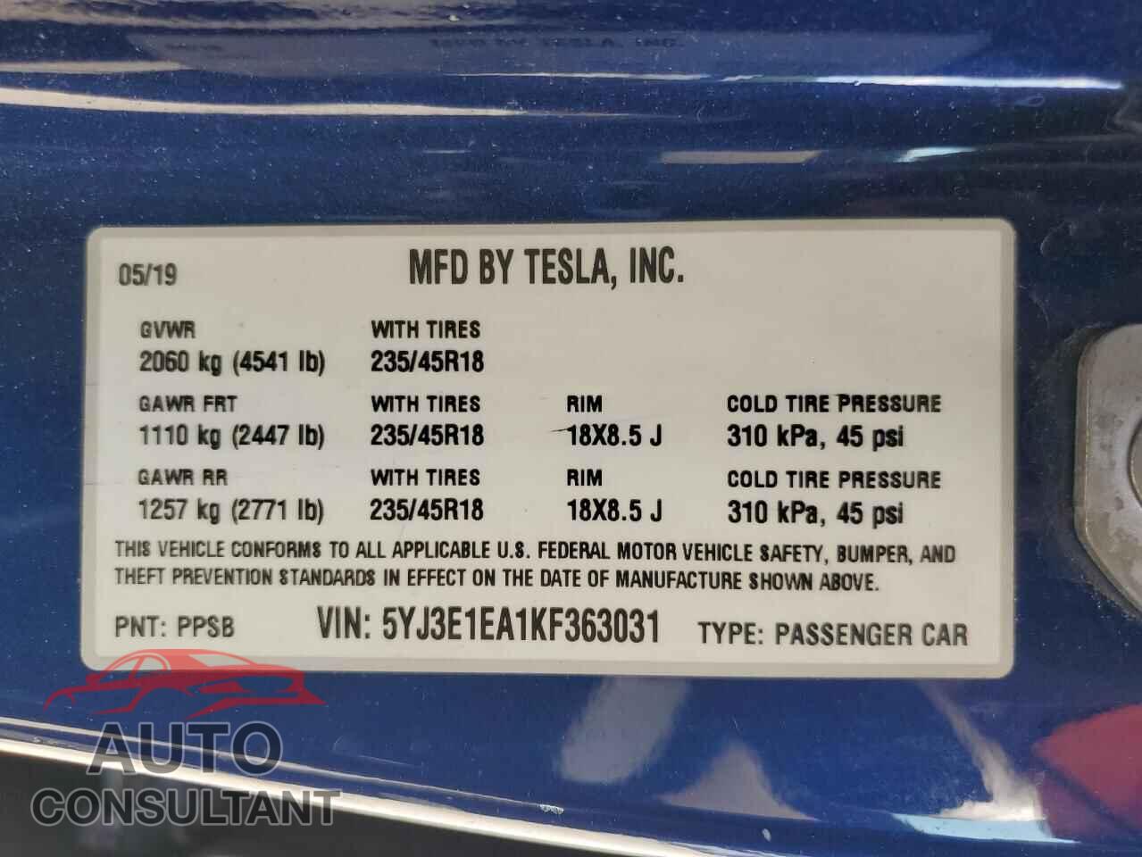 TESLA MODEL 3 2019 - 5YJ3E1EA1KF363031