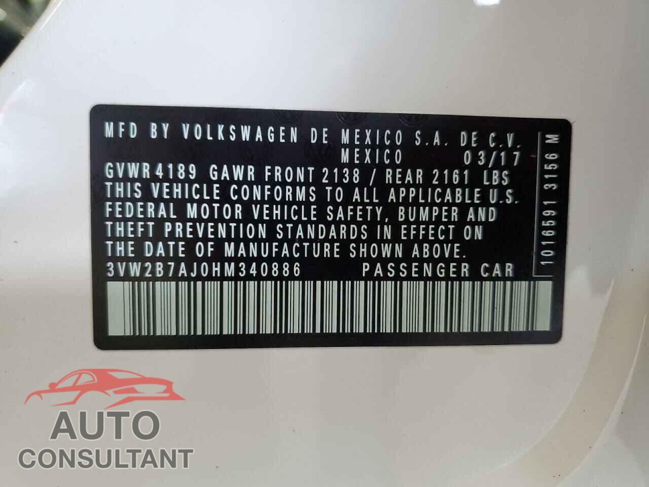 VOLKSWAGEN JETTA 2017 - 3VW2B7AJ0HM340886