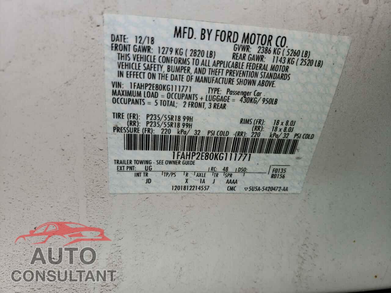 FORD TAURUS 2019 - 1FAHP2E80KG111771
