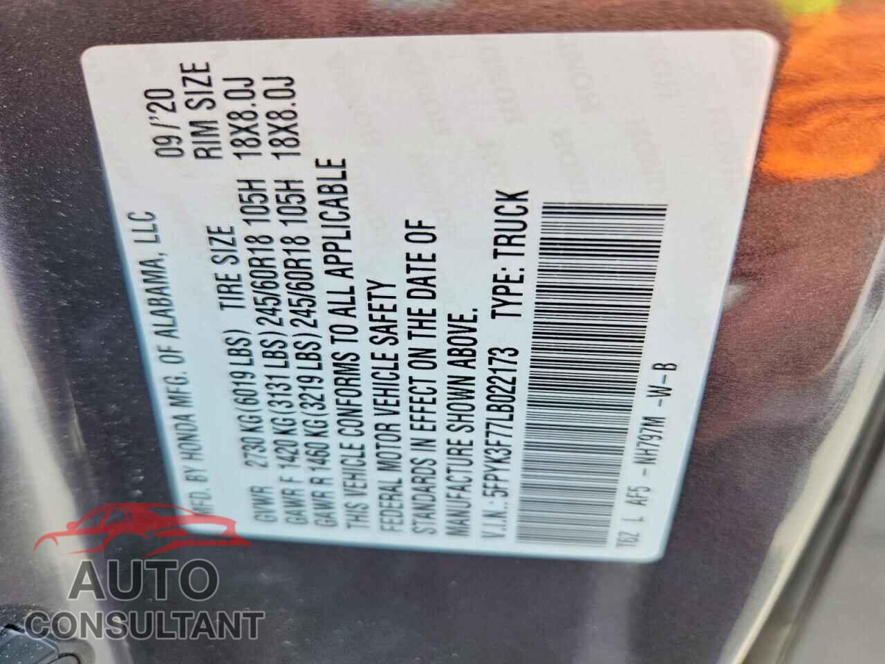 HONDA RIDGELINE 2020 - 5FPYK3F77LB022173