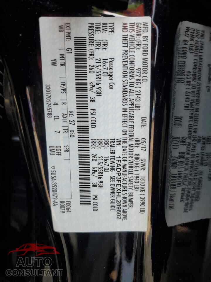 FORD FOCUS 2017 - 1FADP3FEXHL289602