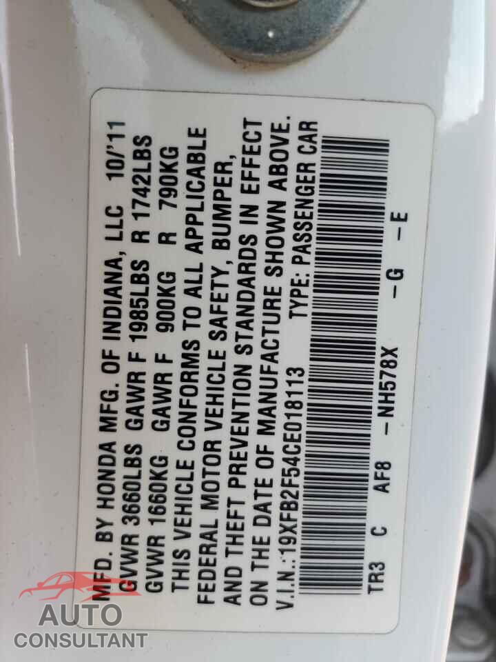 HONDA CIVIC 2012 - 19XFB2F54CE018113