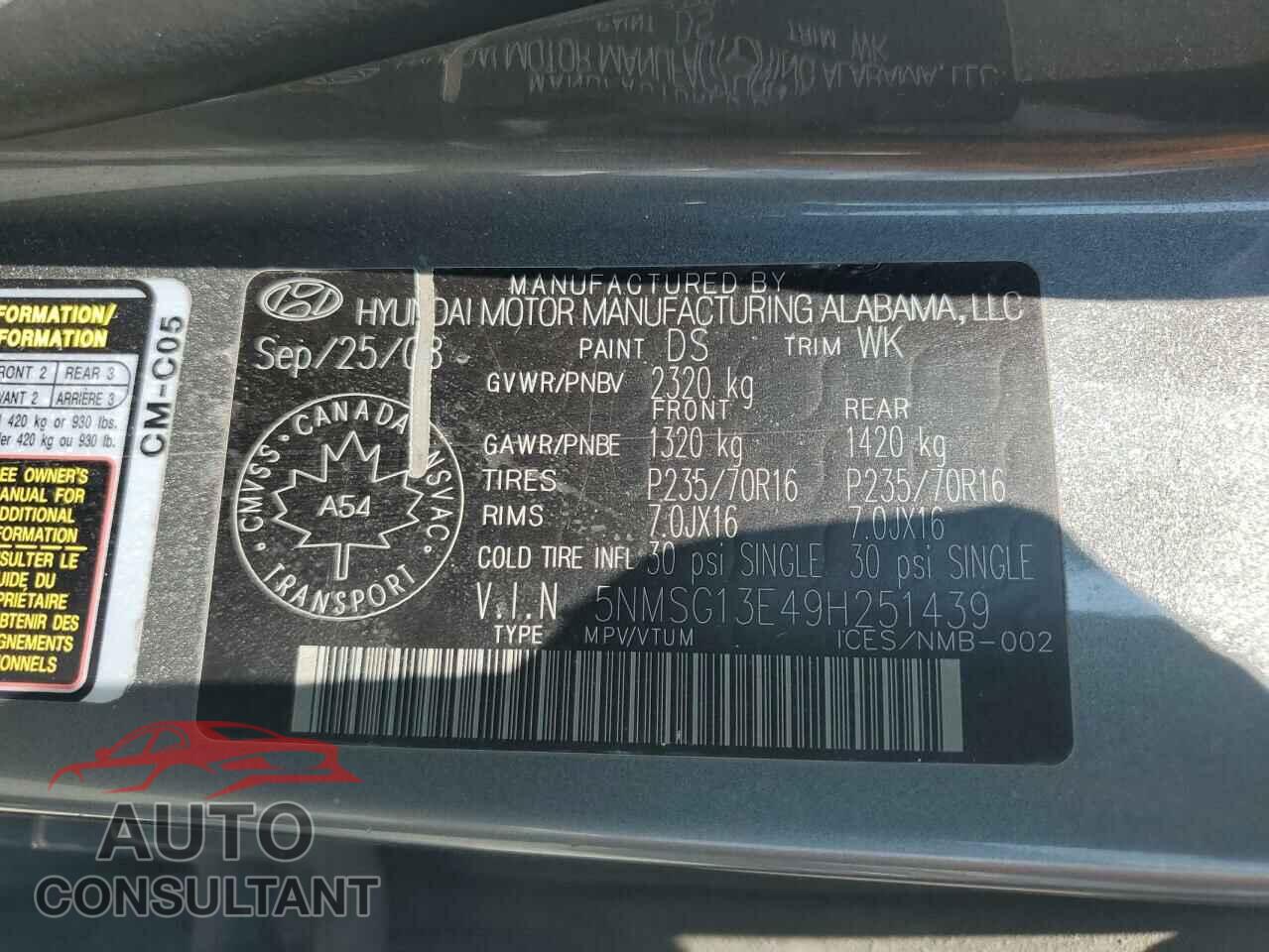 HYUNDAI SANTA FE 2009 - 5NMSG13E49H251439