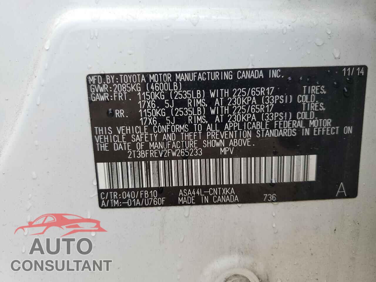 TOYOTA RAV4 2015 - 2T3BFREV2FW265233