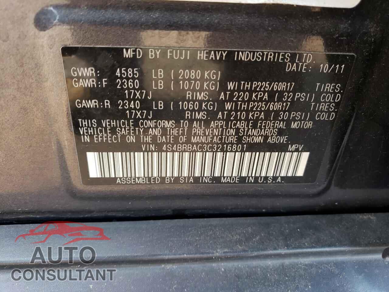 SUBARU OUTBACK 2012 - 4S4BRBAC3C3216801