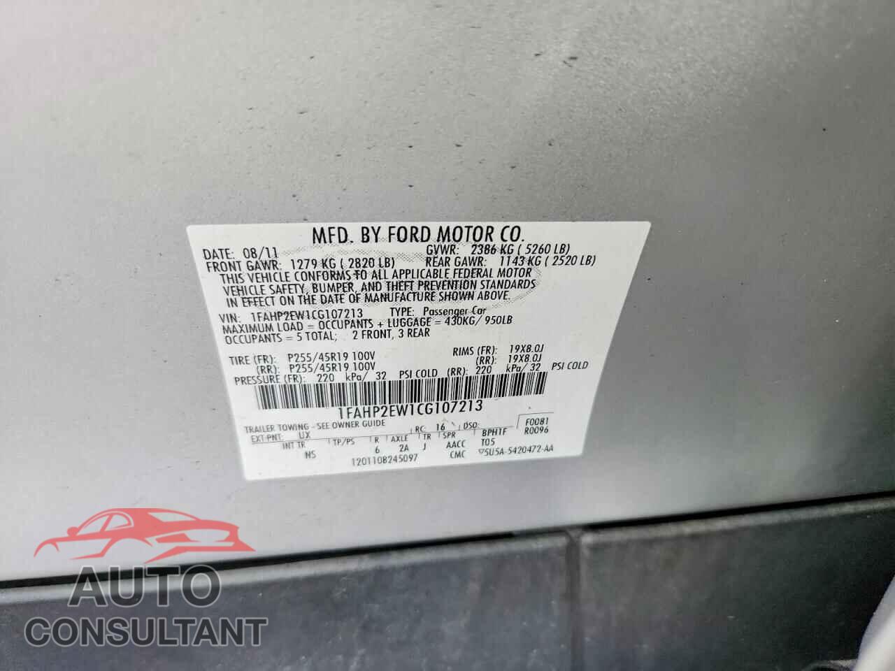 FORD TAURUS 2012 - 1FAHP2EW1CG107213