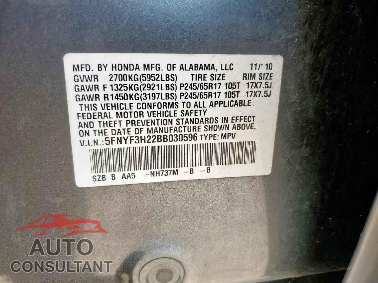 HONDA PILOT 2011 - 5FNYF3H22BB030596