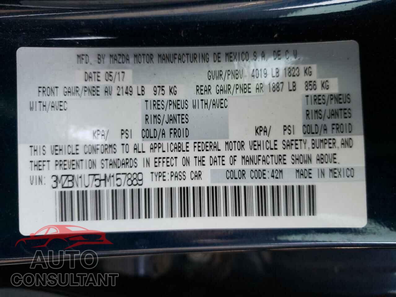 MAZDA 3 2017 - 3MZBN1U75HM157889