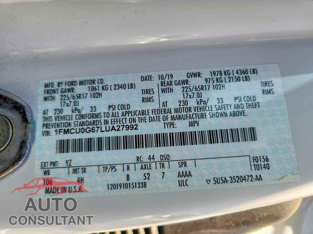 FORD ESCAPE 2020 - 1FMCU0G67LUA27992