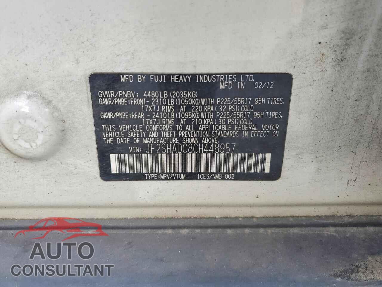 SUBARU FORESTER 2012 - JF2SHADC8CH448957