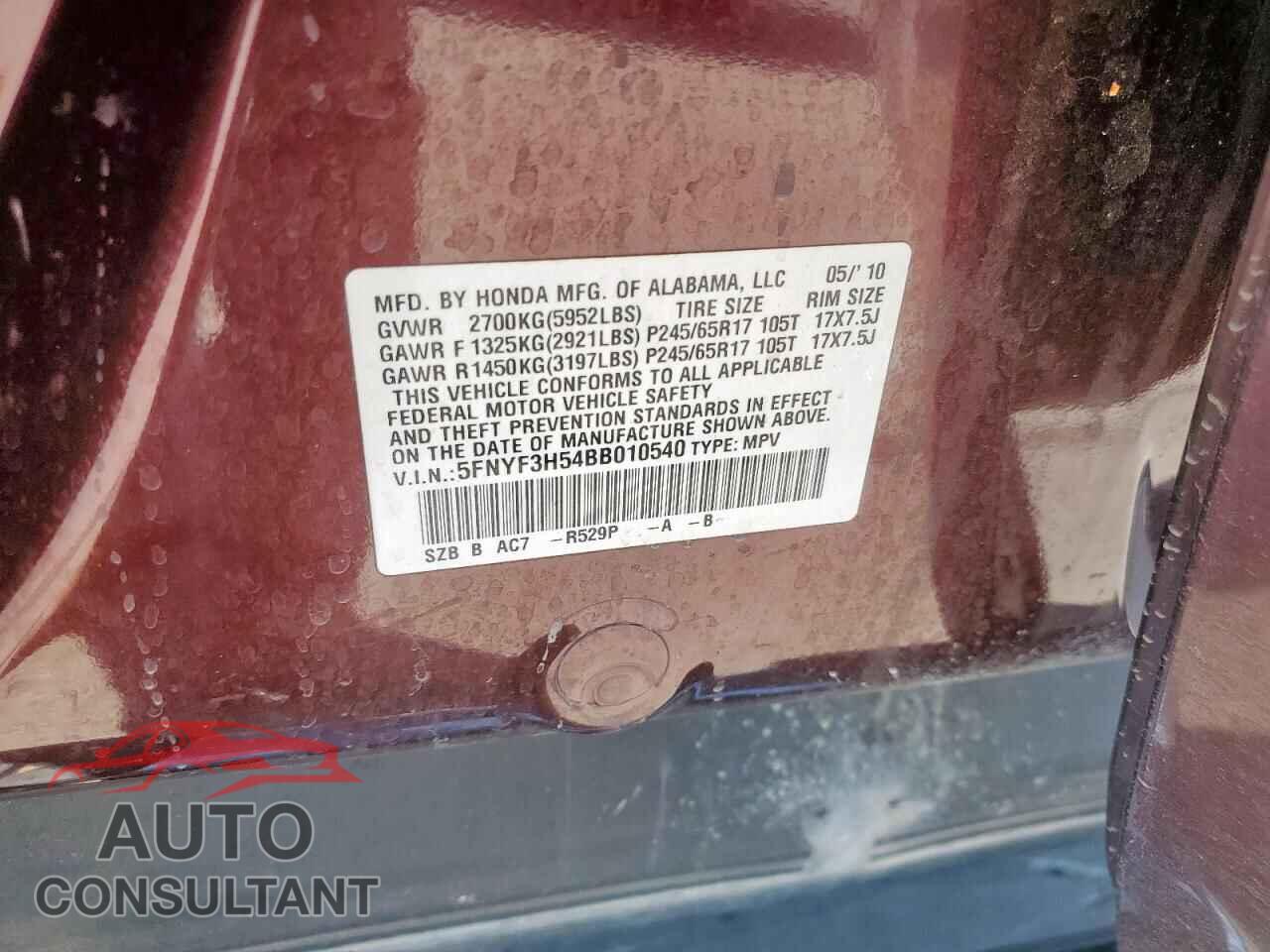 HONDA PILOT 2011 - 5FNYF3H54BB010540