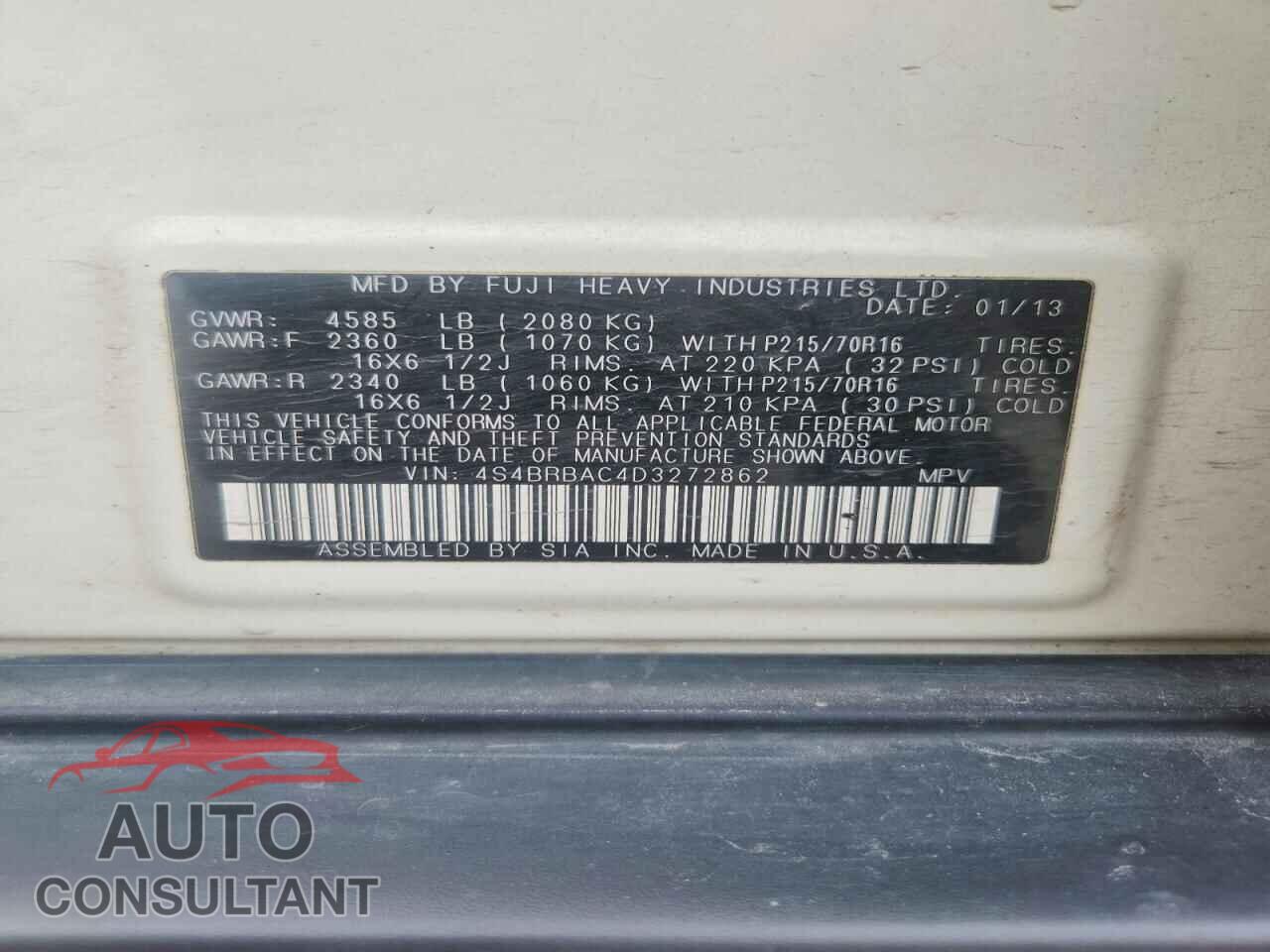 SUBARU OUTBACK 2013 - 4S4BRBAC4D3272862