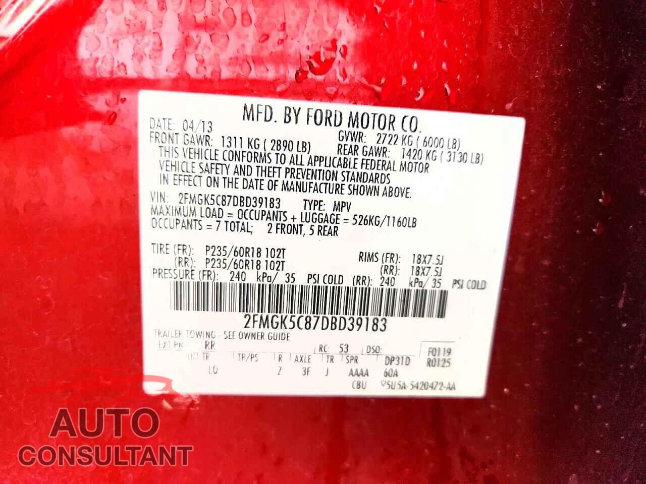 FORD FLEX 2013 - 2FMGK5C87DBD39183