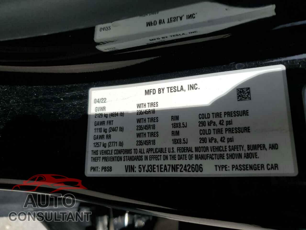 TESLA MODEL 3 2022 - 5YJ3E1EA7NF242606