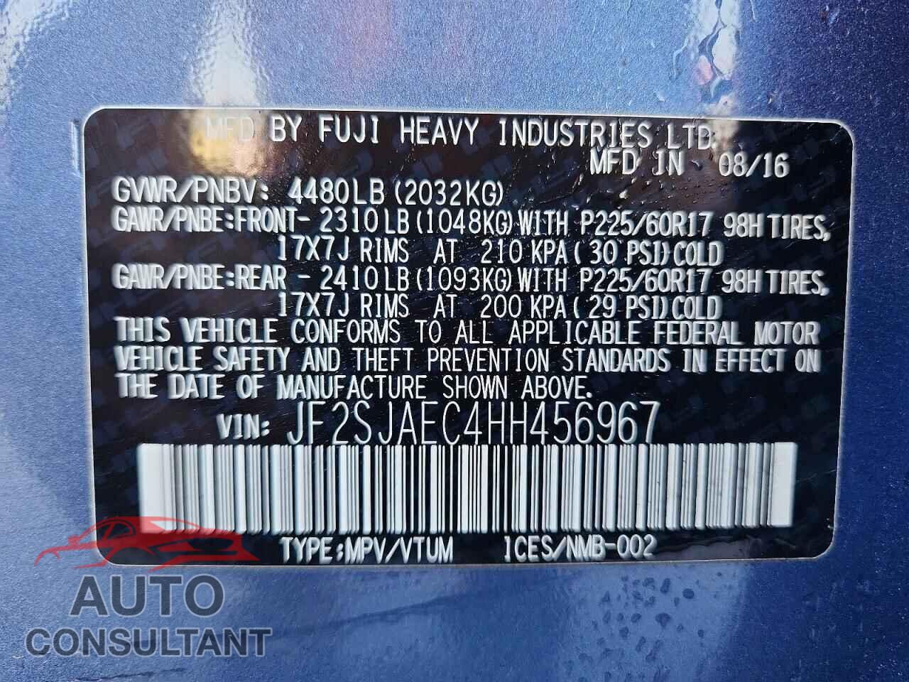 SUBARU FORESTER 2017 - JF2SJAEC4HH456967