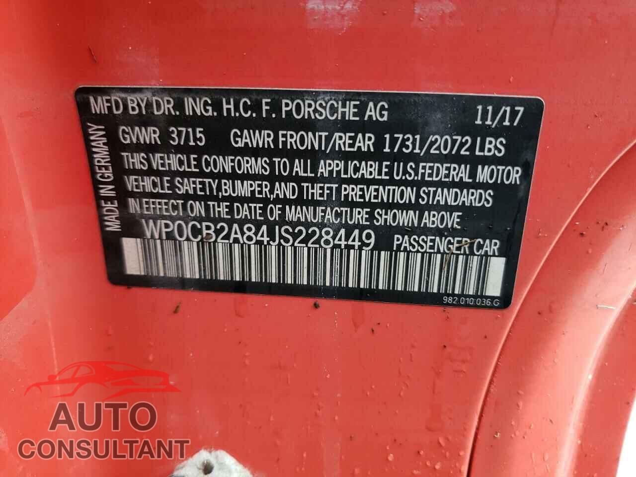 PORSCHE BOXSTER 2018 - WP0CB2A84JS228449