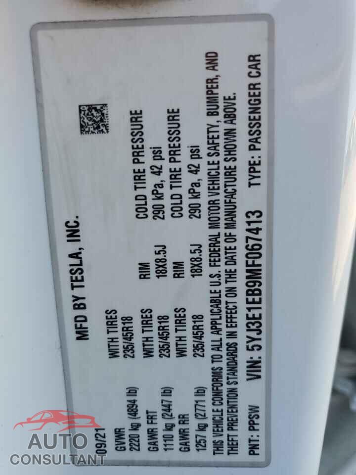 TESLA MODEL 3 2021 - 5YJ3E1EB9MF067413