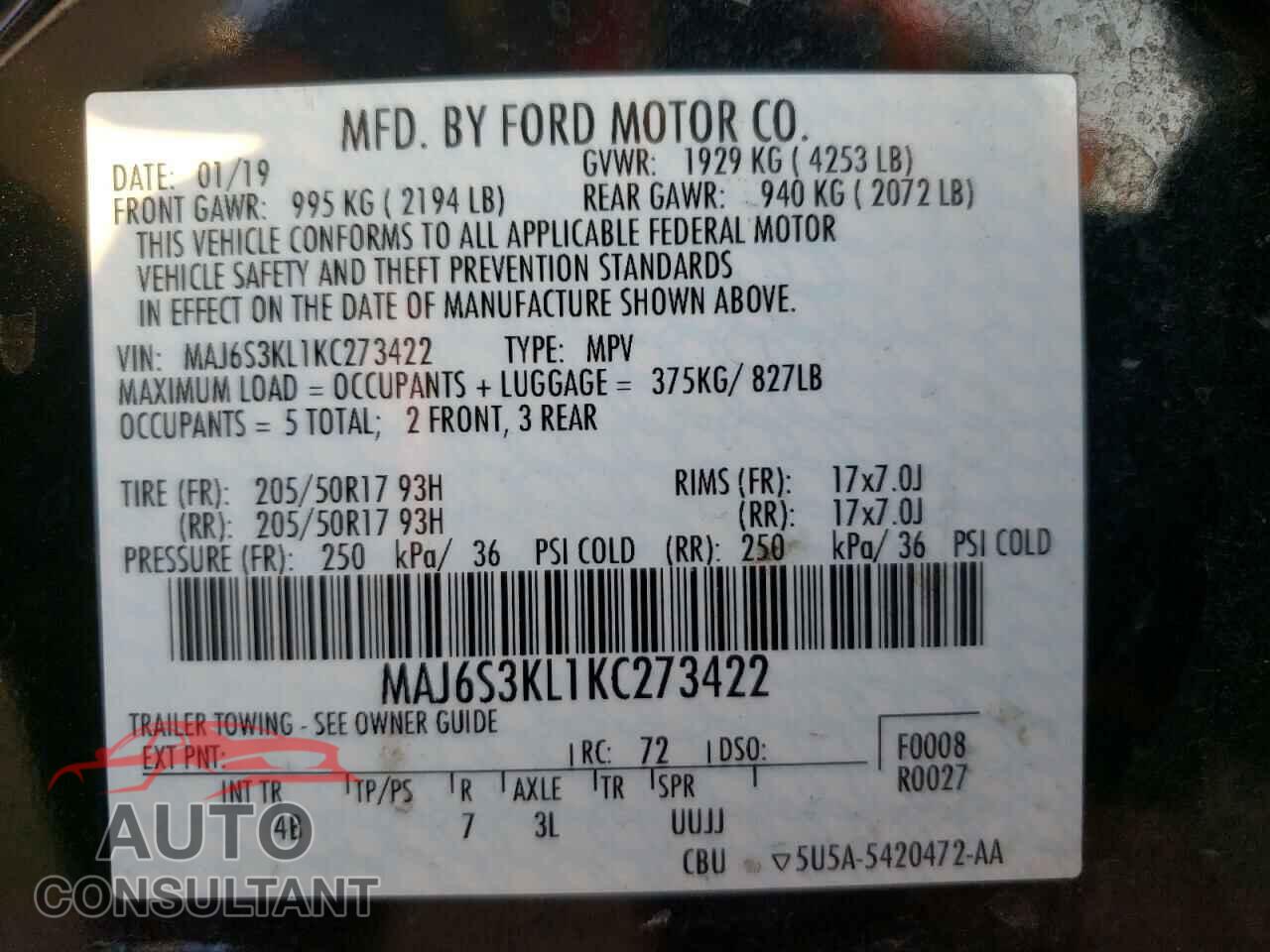 FORD ECOSPORT 2019 - MAJ6S3KL1KC273422