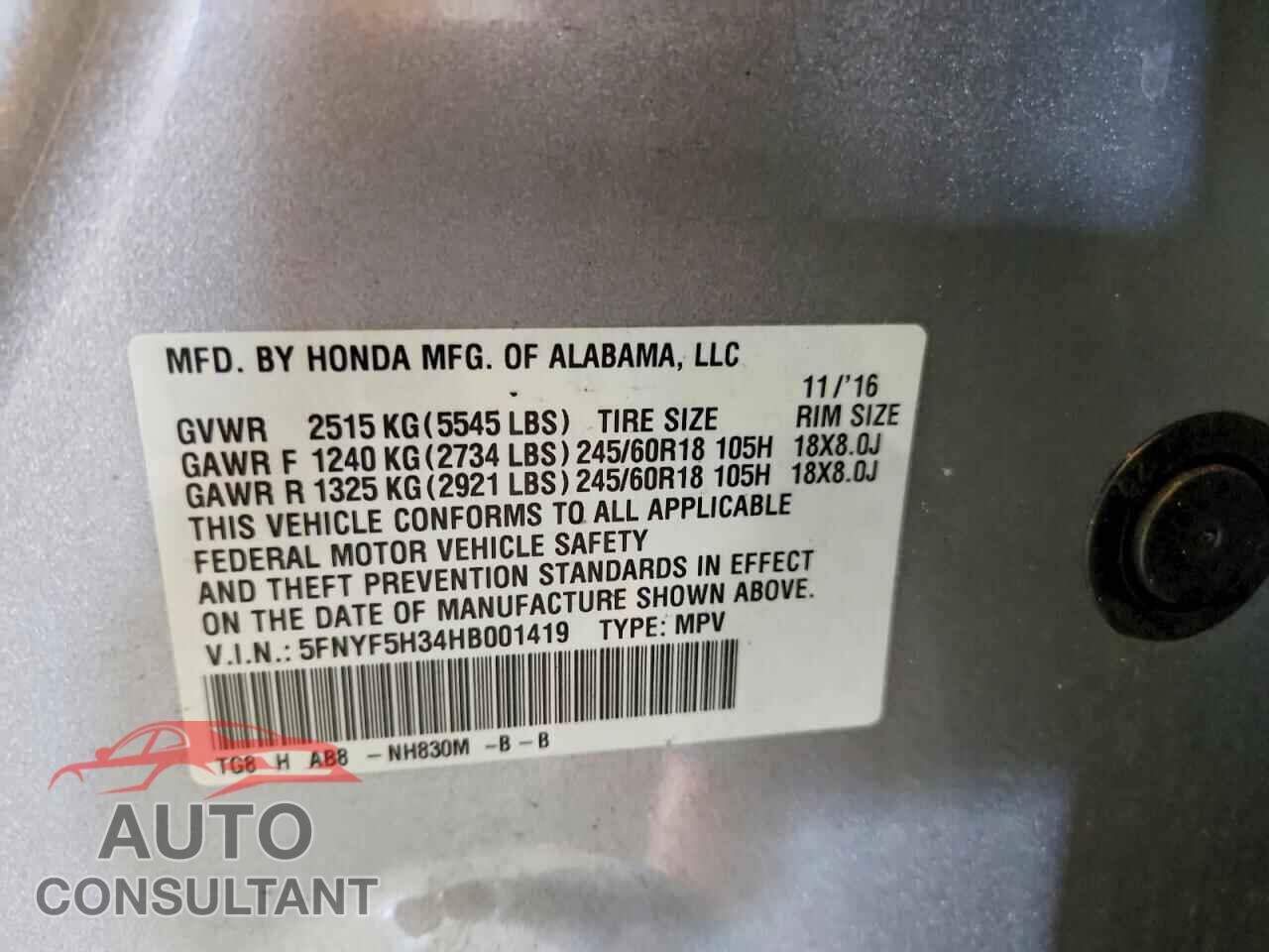 HONDA PILOT 2017 - 5FNYF5H34HB001419