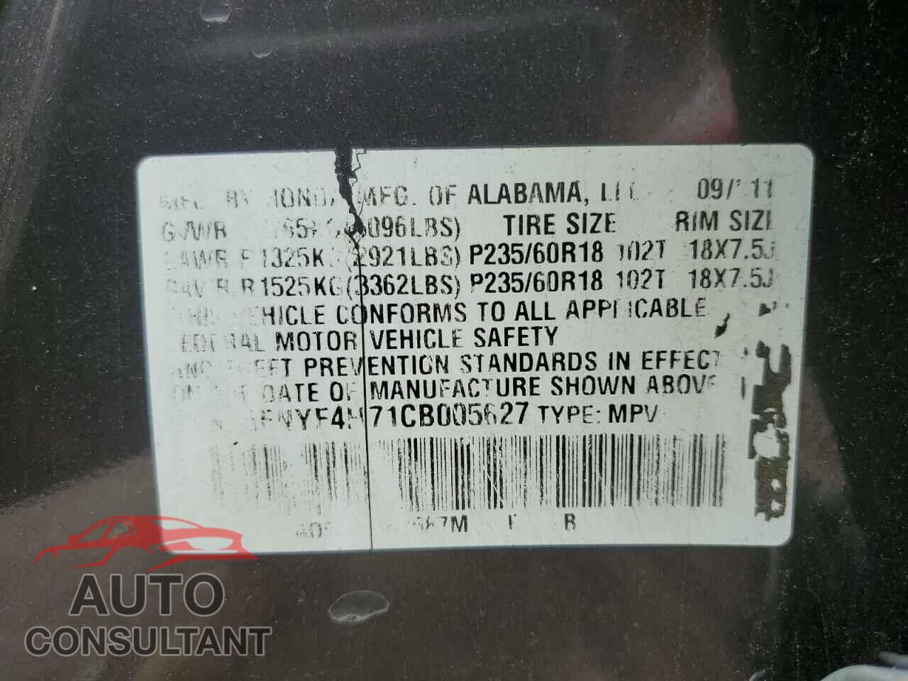 HONDA PILOT 2012 - 5FNYF4H71CB005627