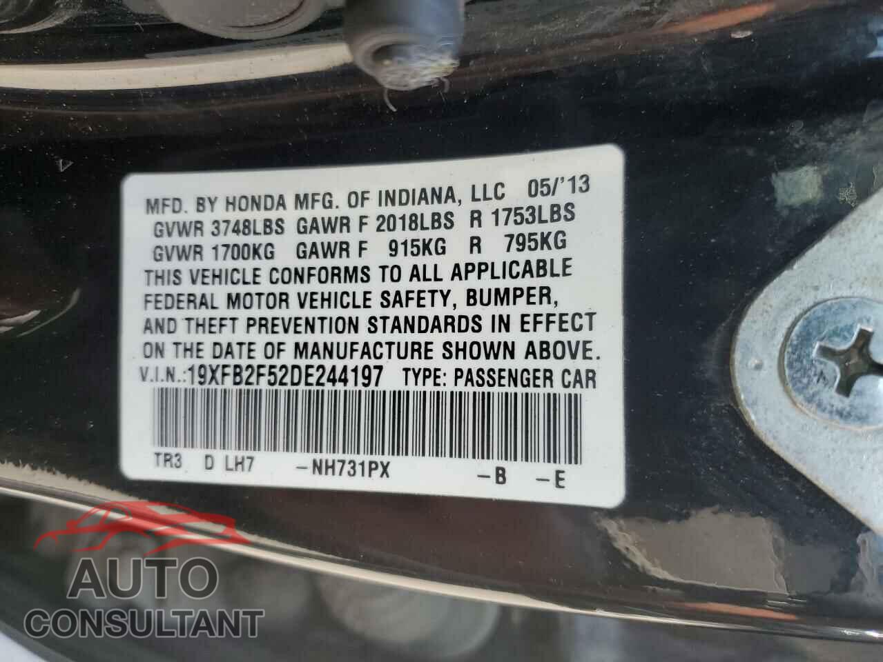 HONDA CIVIC 2013 - 19XFB2F52DE244197