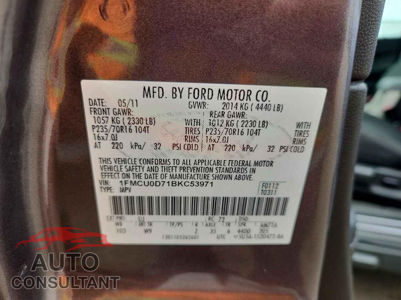 FORD ESCAPE 2011 - 1FMCU0D71BKC53971