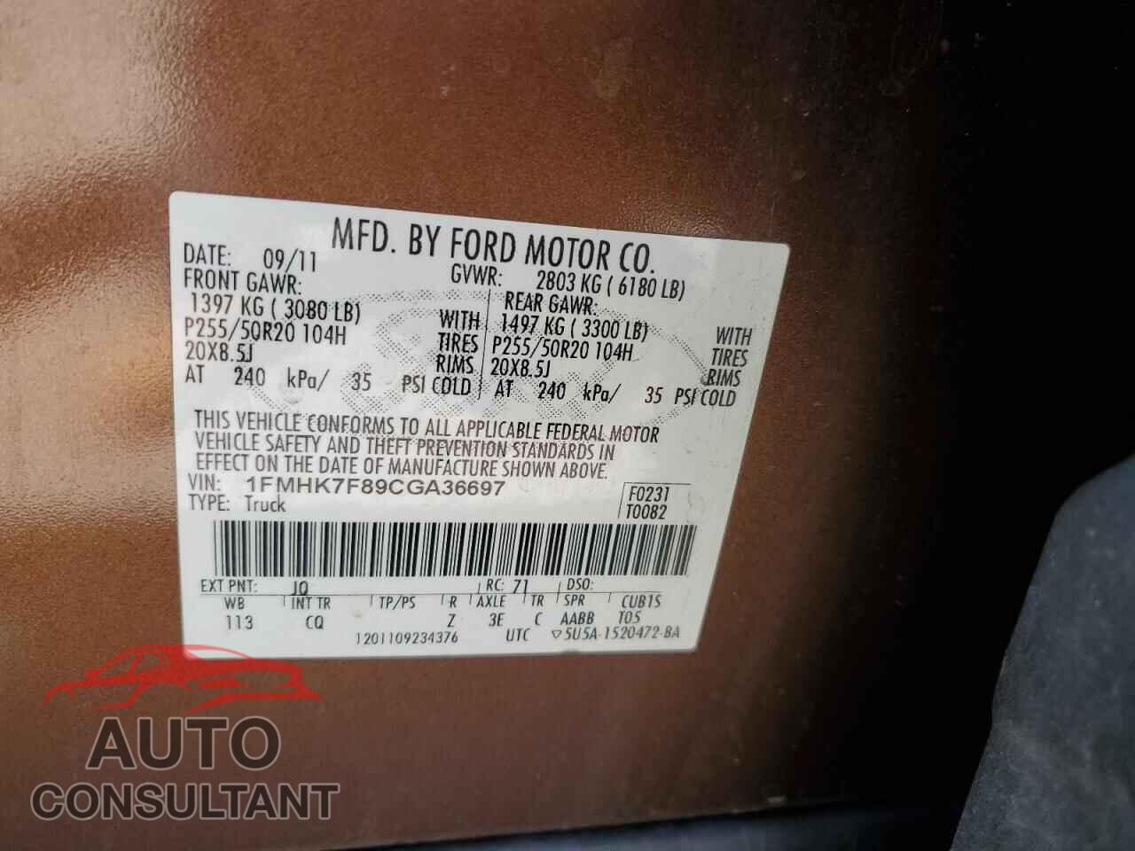 FORD EXPLORER 2012 - 1FMHK7F89CGA36697