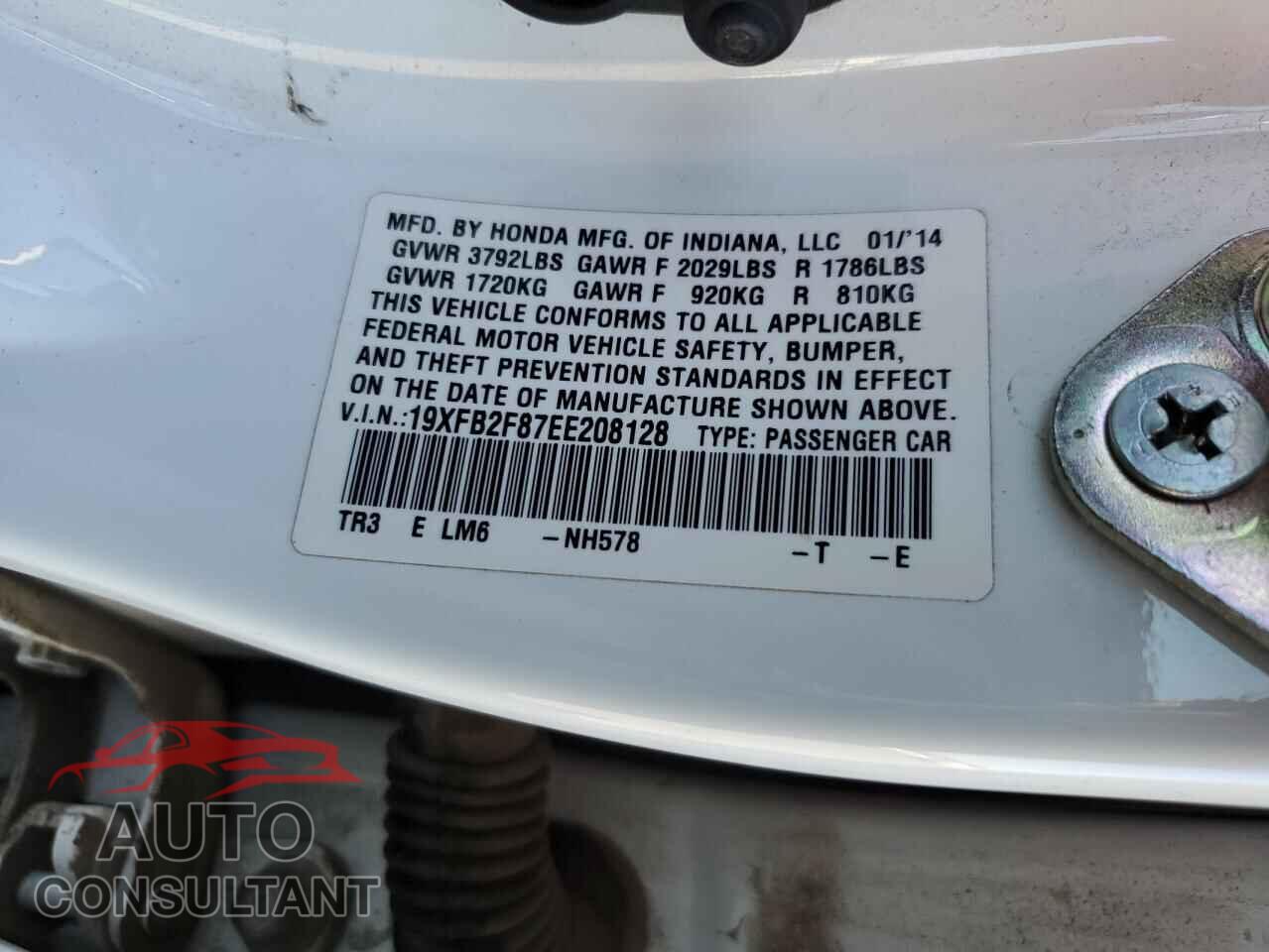 HONDA CIVIC 2014 - 19XFB2F87EE208128