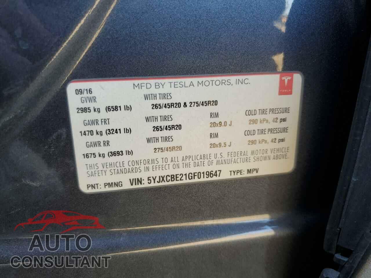 TESLA MODEL X 2016 - 5YJXCBE21GF019647