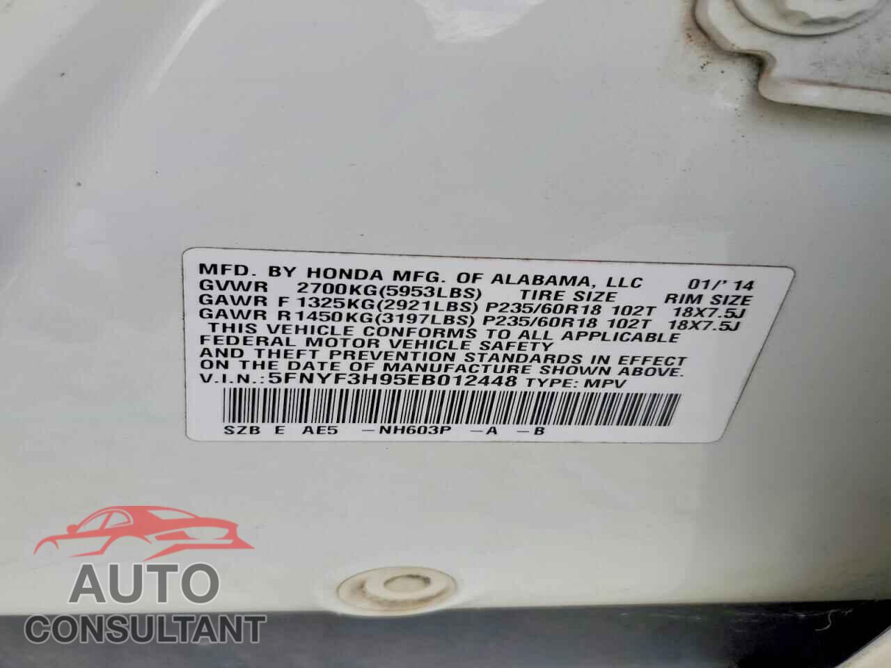HONDA PILOT 2014 - 5FNYF3H95EB012448