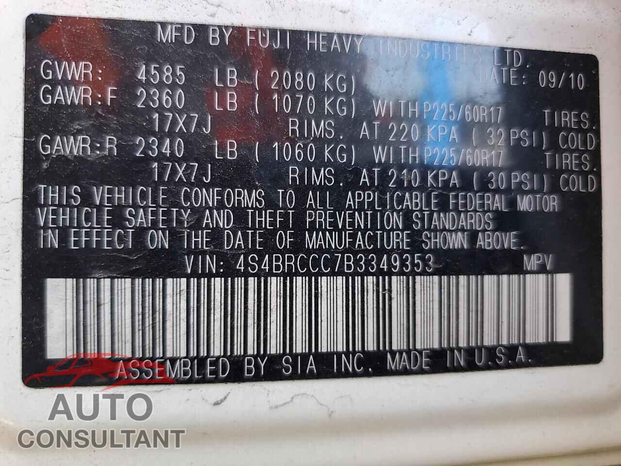 SUBARU OUTBACK 2011 - 4S4BRCCC7B3349353