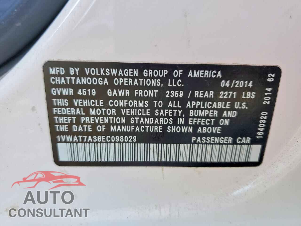 VOLKSWAGEN PASSAT 2014 - 1VWAT7A36EC098029