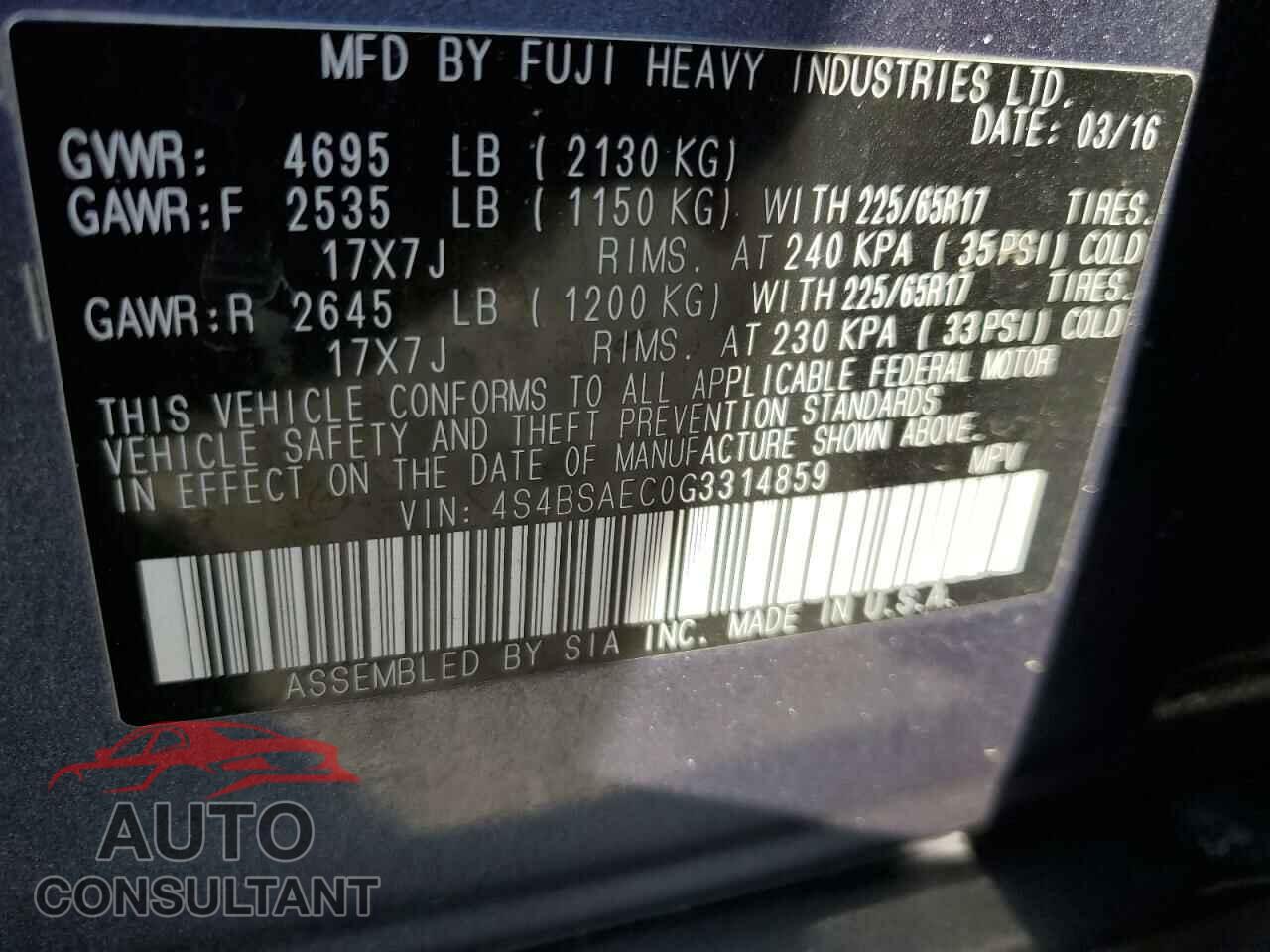 SUBARU OUTBACK 2016 - 4S4BSAEC0G3314859