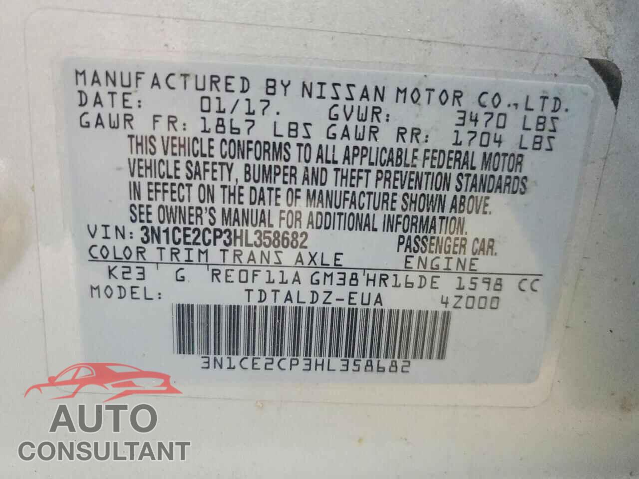 NISSAN VERSA 2017 - 3N1CE2CP3HL358682