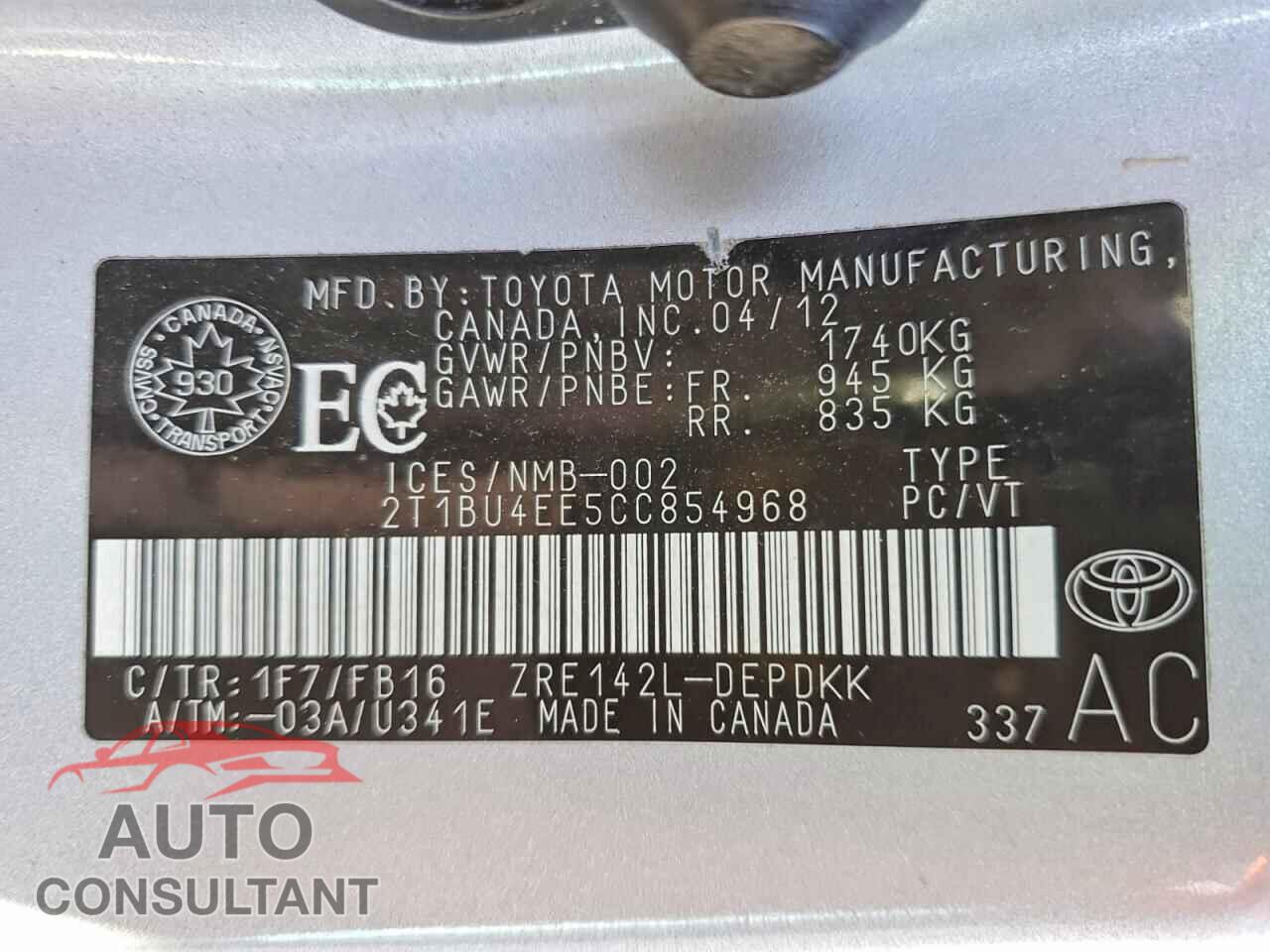 TOYOTA COROLLA 2012 - 2T1BU4EE5CC854968