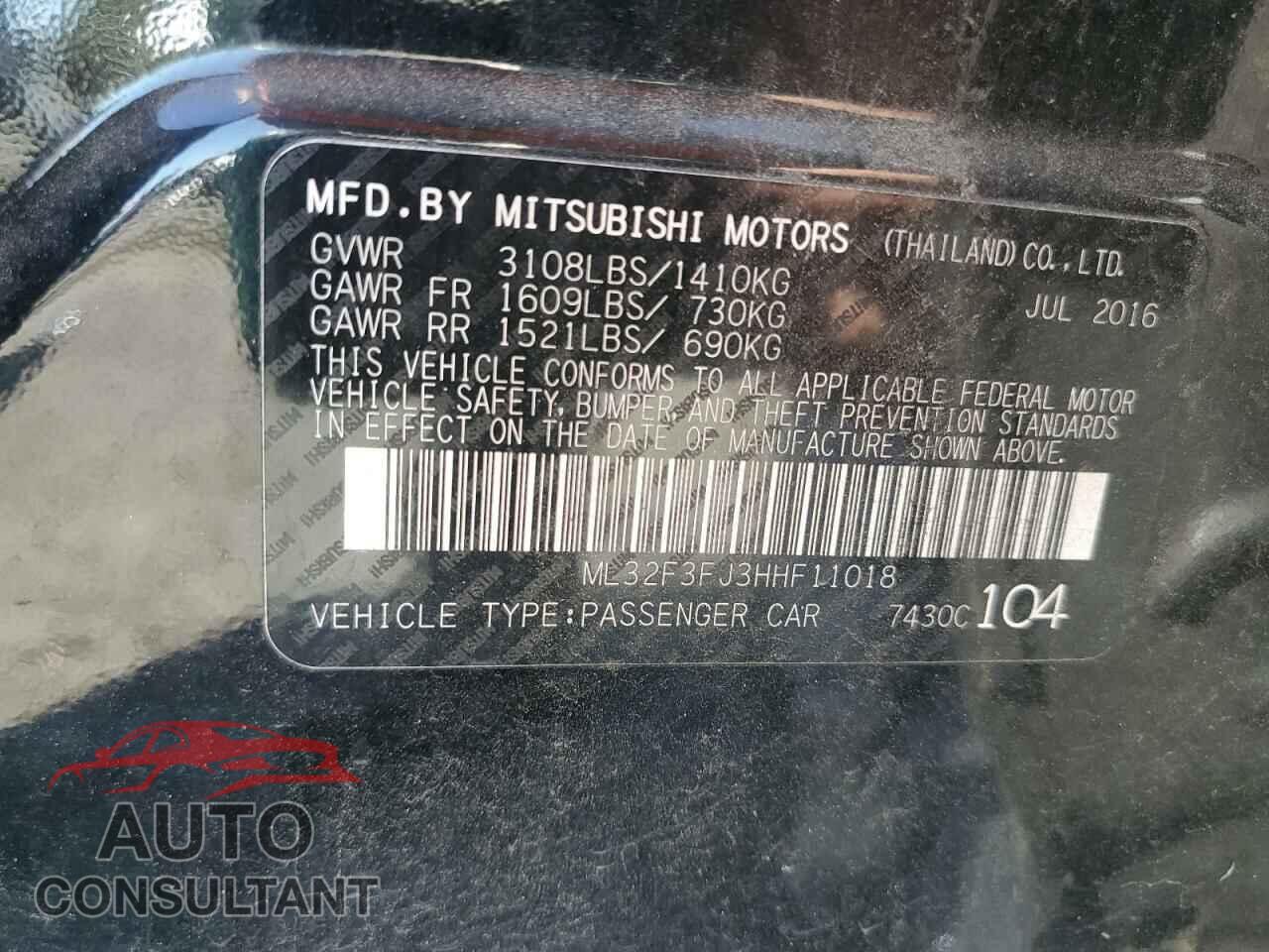 MITSUBISHI MIRAGE 2017 - ML32F3FJ3HHF11018