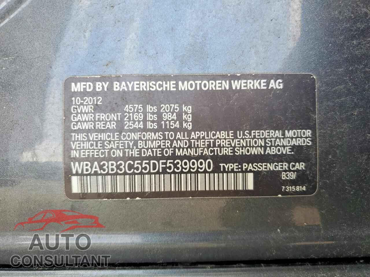 BMW 3 SERIES 2013 - WBA3B3C55DF539990