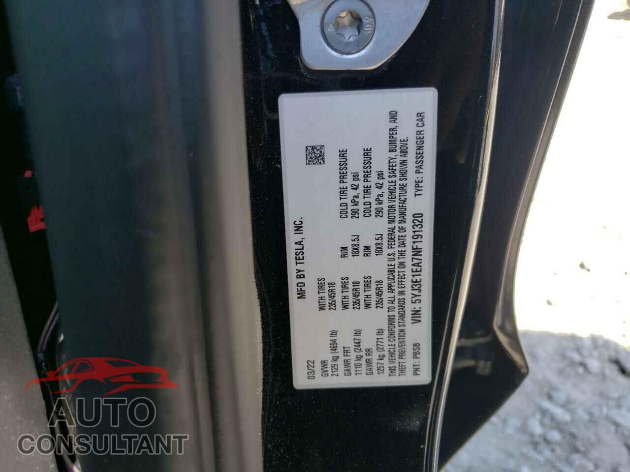 TESLA MODEL 3 2022 - 5YJ3E1EA7NF191320