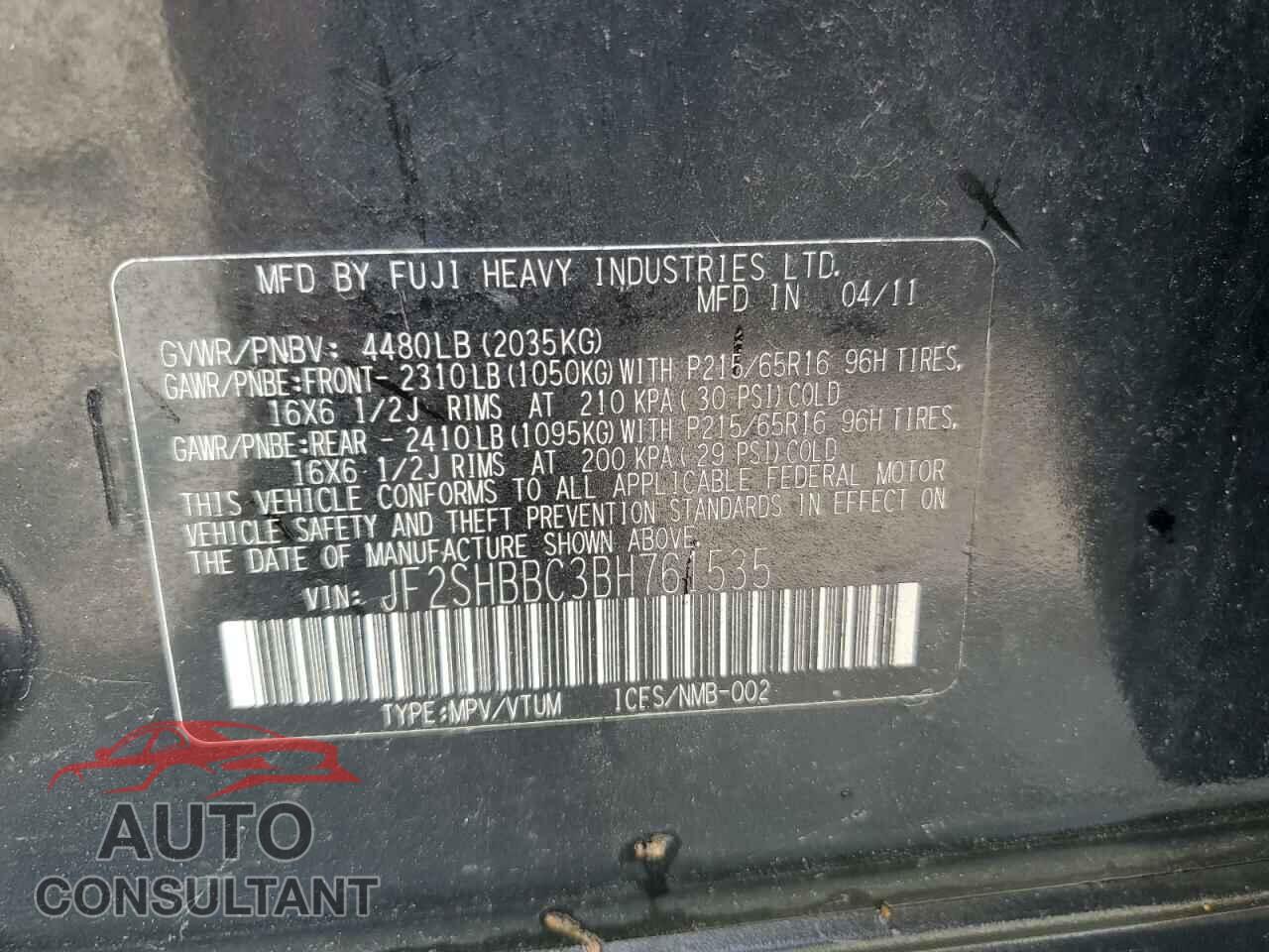SUBARU FORESTER 2011 - JF2SHBBC3BH761535