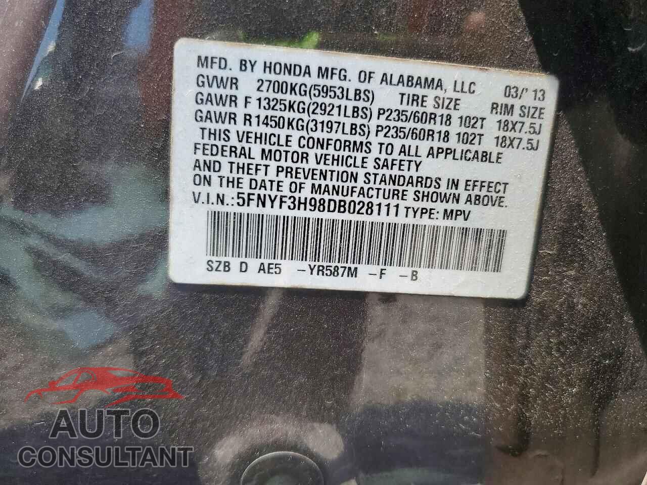 HONDA PILOT 2013 - 5FNYF3H98DB028111