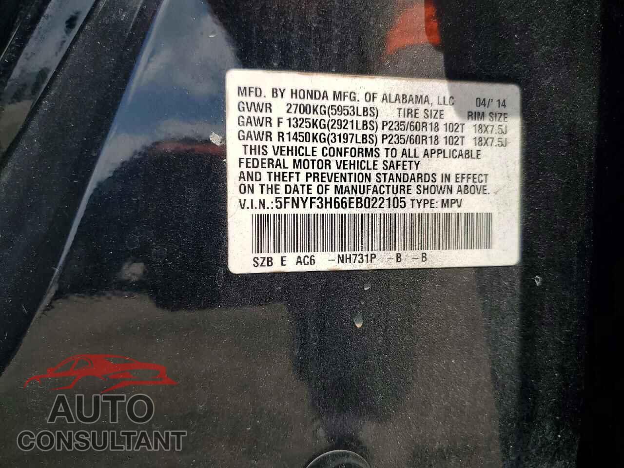 HONDA PILOT 2014 - 5FNYF3H66EB022105