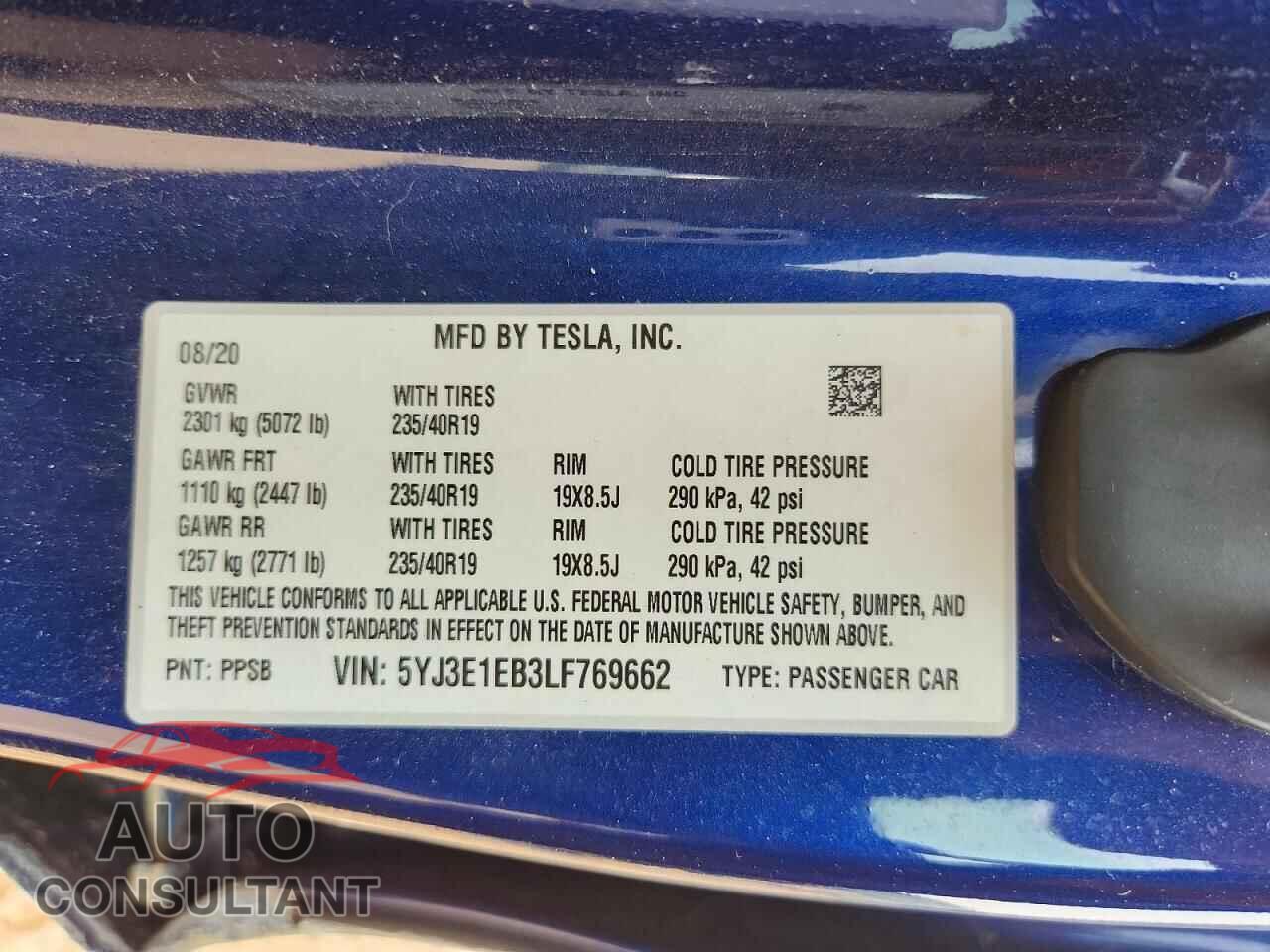 TESLA MODEL 3 2020 - 5YJ3E1EB3LF769662