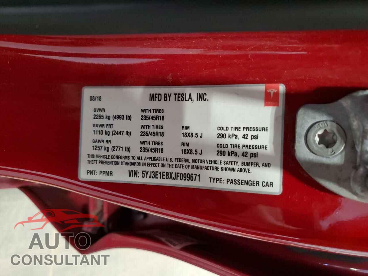 TESLA MODEL 3 2018 - 5YJ3E1EBXJF099671