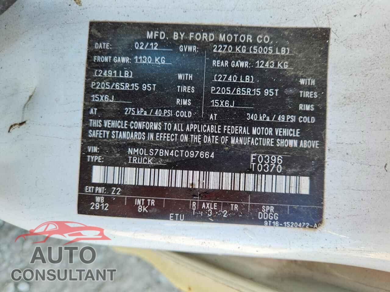 FORD TRANSIT 2012 - NM0LS7BN4CT097664