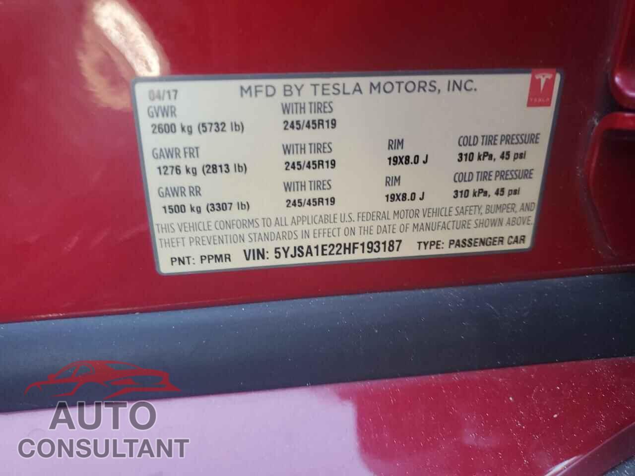 TESLA MODEL S 2017 - 5YJSA1E22HF193187