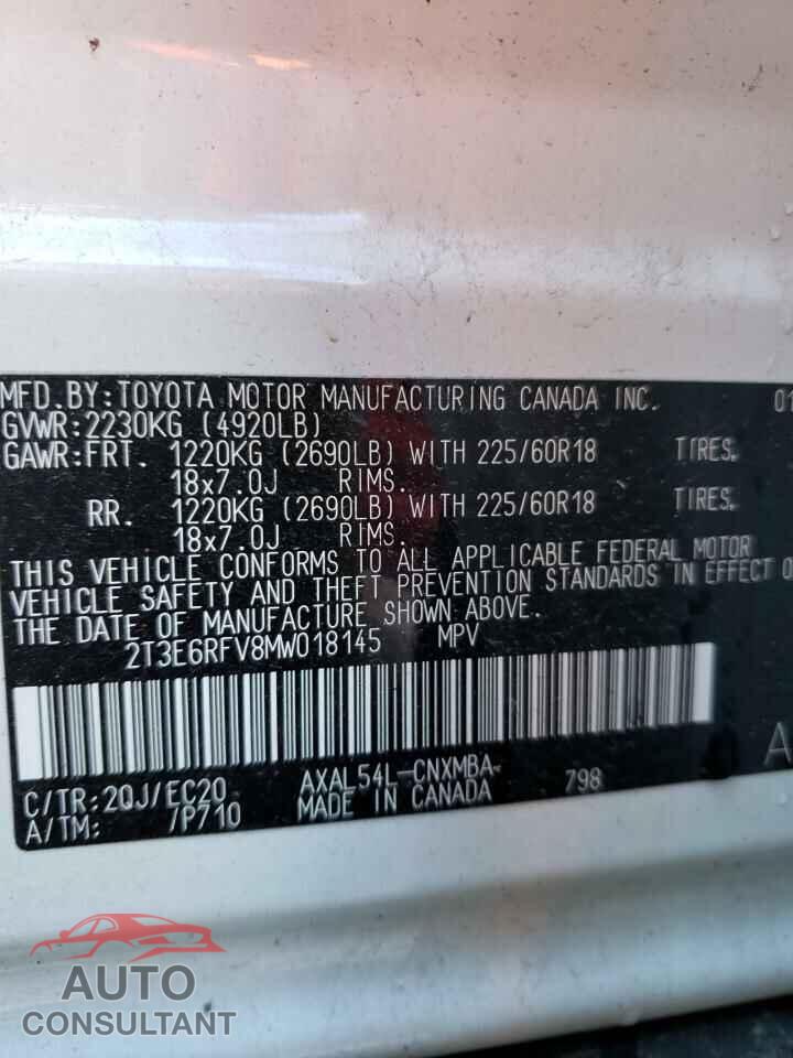 TOYOTA RAV4 2021 - 2T3E6RFV8MW018145